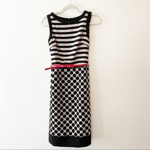 Polka Dot Striped Midi Dress with Skinny Belt